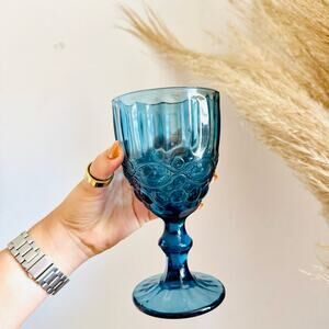 2 VINTAGE ANTHROPOLOGIE Blue Knobbed Etched Glass Goblet Stemware Wine Glasses